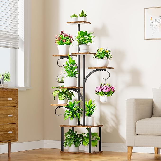 Plant Stand with Grow Lights, 59" Tall 8-Tier Tree-Shaped Metal Indoor lighted Plant Shelf Corner Display Rack with Hanging Hooks for Multiple Plants, Wooden Flower Holder for Balcony Patio home Decor