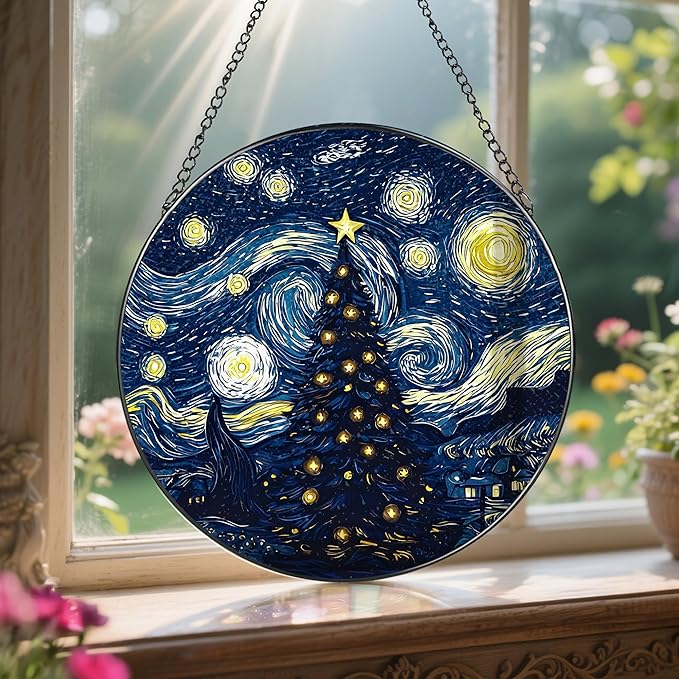 8-Inch Starry Night Christmas Tree Suncatcher Ornament, Stained Glass Window Hanging & Stained Glass Holiday Ornament, Sun Catcher Window Decor, Van Gogh’s Keepsake, Gifts for Christmas & Holidays