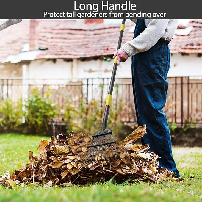 Rake for Leaves, 11 Tines 9" Wide Metal Leaf Rake with 32 Gallon Lawn and Leaf Bags & Scoops for Garden Adult Kids Lawn Shrub Yard Landscape Heavy Duty Long Handle 30-60