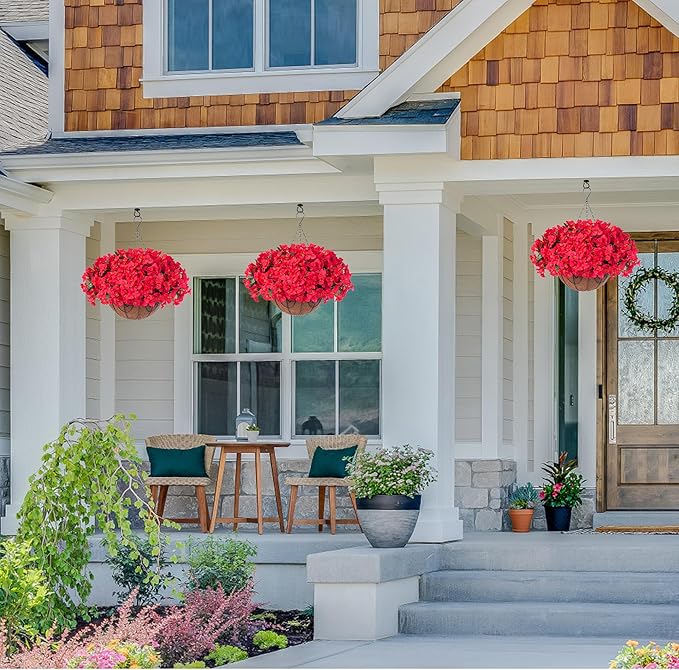 Artificial Fake Hanging Flowers for Outdoors Basket Spring Decor, Bougainvillea Faux Hanging Plants Outdoor Silk Flower in Planter Look Real UV Resistant for Outside Porch Patio Garden Yard Home, Red