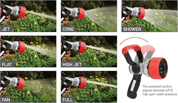 Eden 96806 Heavy Duty Metal Fireman Hose Nozzle, Water Nozzle w 7 Spray Patterns, High Pressure Garden Hose Sprayer w Quick Connect Set for Watering Plants,Garden Lawn