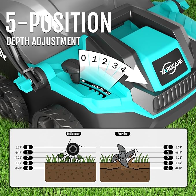 14-Inch Lawn Scarifier and Dethatcher, Powerful 13-Amp Electric Tool with 10.5 Gal Collection Bag, Adjustable Depth Settings & Safety Lock System