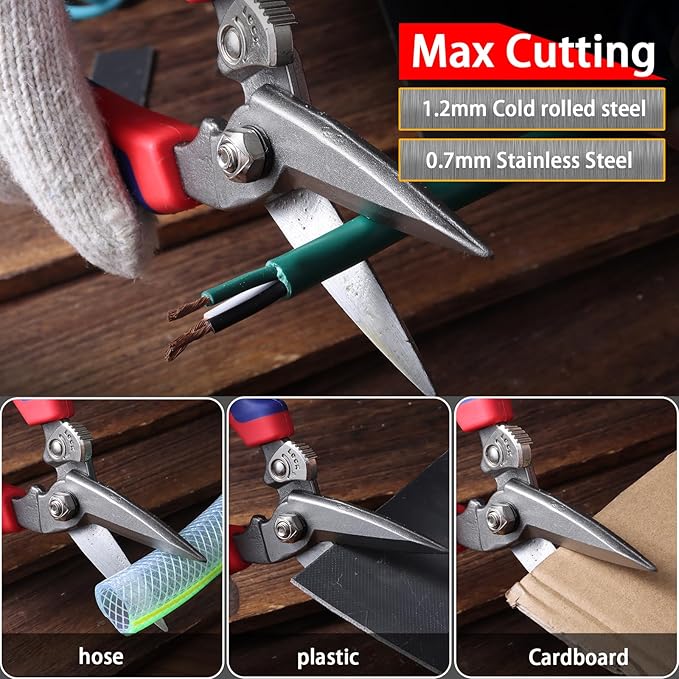 Heavy Duty Industrial Scissors: Utility Sharp Aviation Tin Snips for Cutting Thin Metal Sheet, Fine Iron Wire, Wires, Plastic, Rubber Hose, Carpet, Cardboard （8'' Blue）