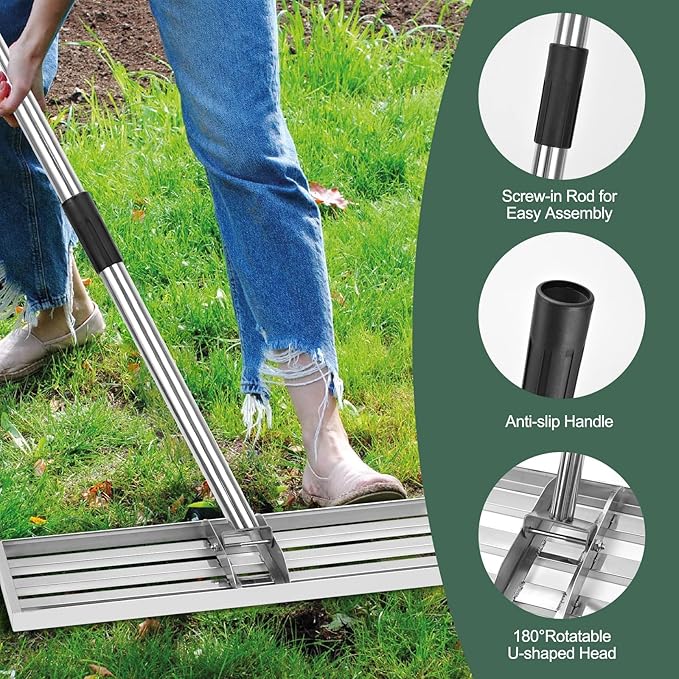 Lawn Leveling Rake 17*10 inch,Stainless Steel Lawn Leveler with 76” Long Handle .Heavy Duty Ground Leveler Tool Leveler Yard Rakes for Spreading Sand, Soil, Seed & Gravel.