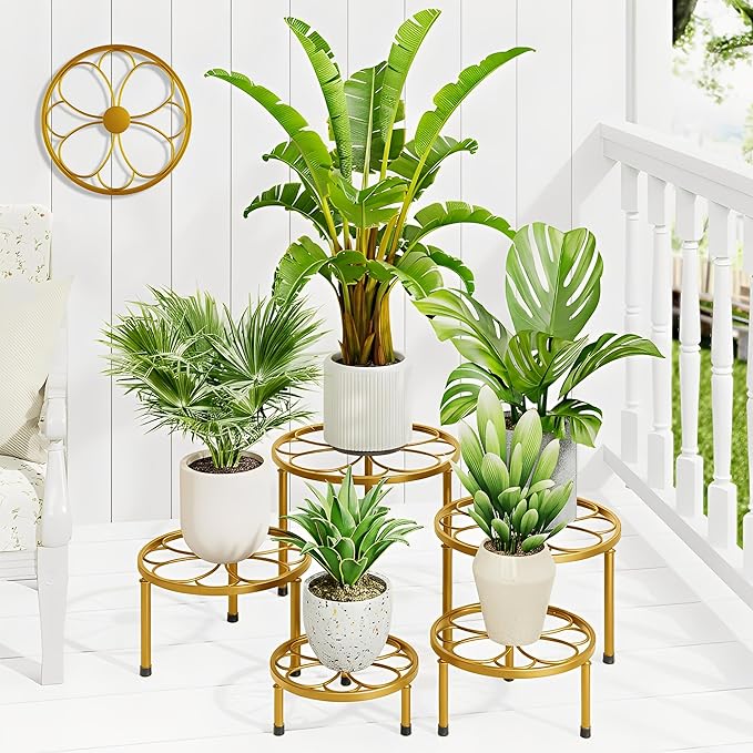 5-piece set of Metal Plant Potted Flower Racks,Heavy-Duty Flower Pot Plant Racks,Anti-Rust Iron Flower Racks for Indoor and Outdoor Home Garden Patio Decoration(GoldFlower)