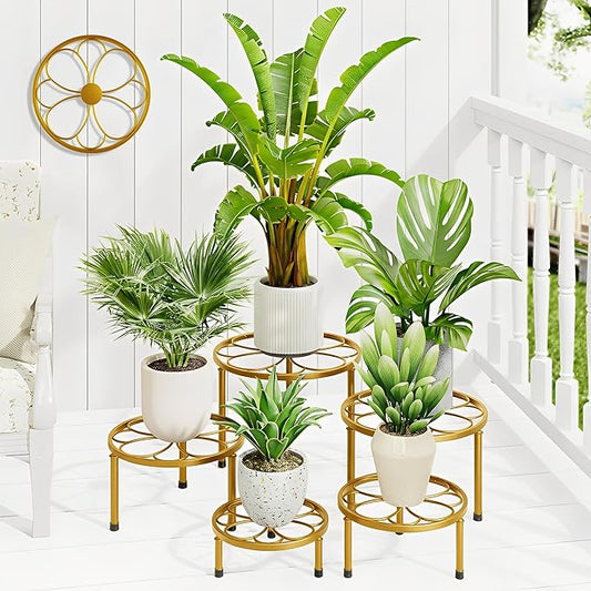 5-piece set of Metal Plant Potted Flower Racks,Heavy-Duty Flower Pot Plant Racks,Anti-Rust Iron Flower Racks for Indoor and Outdoor Home Garden Patio Decoration(GoldFlower)