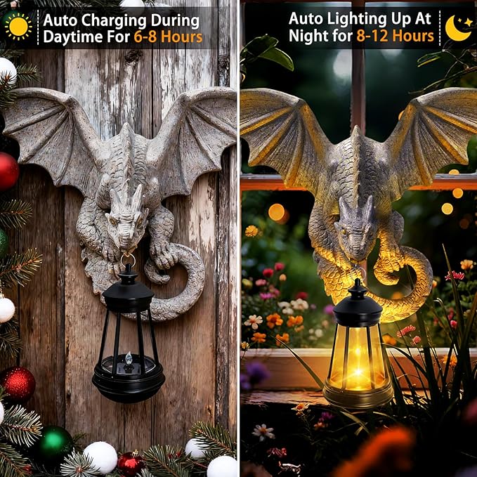Dragon Tree Hugger Garden Statue - 9.8 Inch Resin Dragon Wall Hanger Sculptures Decor with Solar Lantern Lights, Outdoor Waterproof for Balcony Wall Porch Yard, Gifts for Mom Women Grandma Christmas