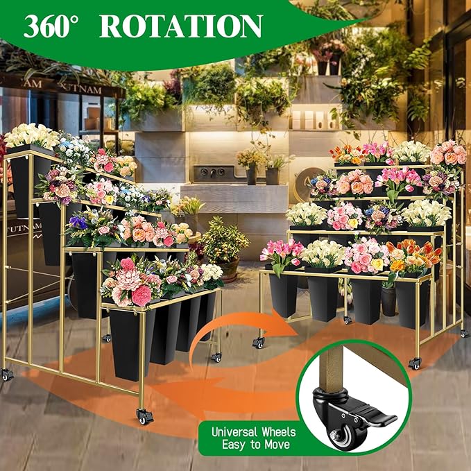 Flower Display Stand with Buckets, 4 Layers 16PCS Buckets Metal Flower Cart Display Stand with Wheels, for Patio Garden, Living Room (4 Layers Black Square Bucket)