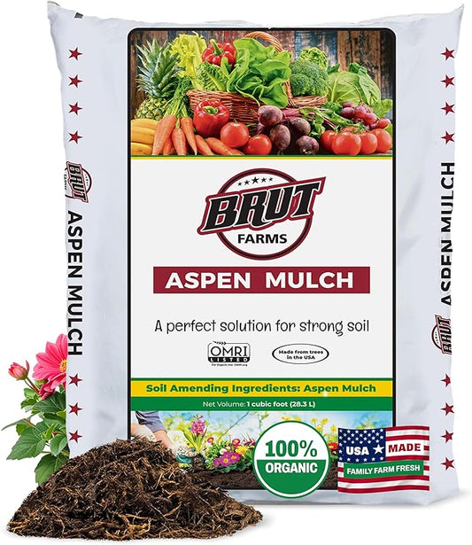 Brut Organic Aspen Mulch – 1 Cubic f., Natural Weed Preventer, Water Retainer, Odor-Free – Nutrient-Rich Bark for Plants – Ideal Bark Mulch for Landscaping, Garden Beds & Potted Plants