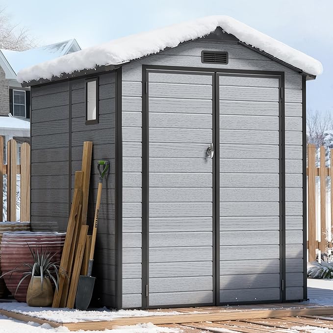 6X6 FT Outdoor Storage Sheds, Plastic Storage Shed with Floor & Drainage Channel for Bikes, Furniture, Gardening Tools, Lockable Outdoor Shed Suitable for Backyard, Patio, Lawn