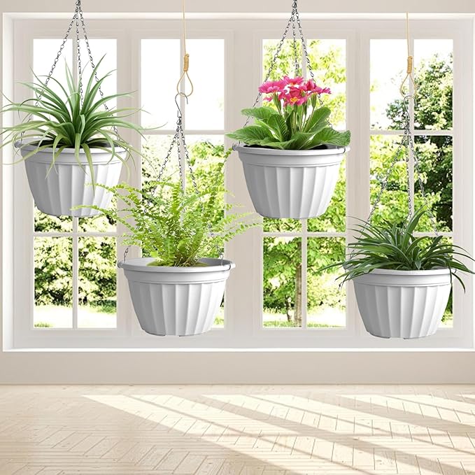 FGstyle Hanging Planters 10 Inch, 4 Pcs Self Watering Pots for Indoor Plants,Plastic Hanging Basket with Soil Elevator and 20" Chain for Home Garden Porch Balcony Patio Decor(White)