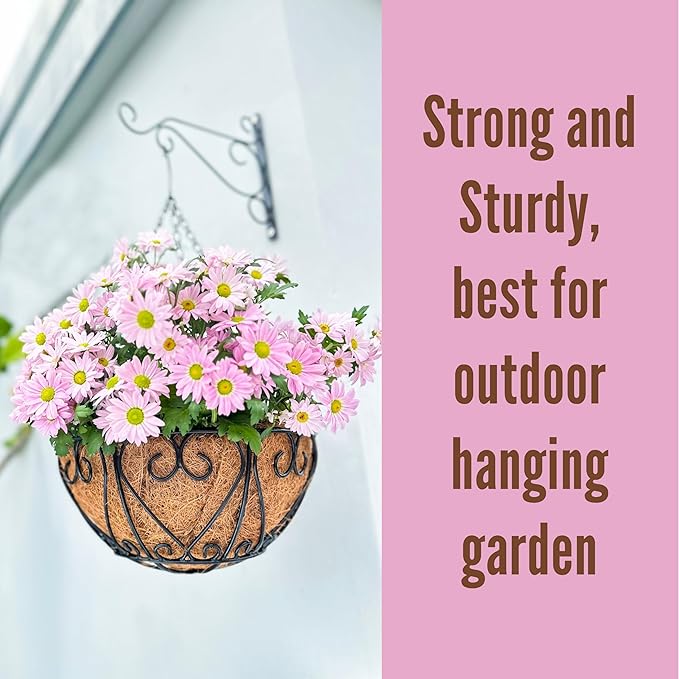LaLaGreen Hanging Baskets for Plants (14 Inch, 6 Pack) Hanging Flower Pots with Coco Liner, Black Metal Wire Round Basket Plant Holder with Hanger Hook Chain, Outdoor Patio Deck Balcony Garden Decor