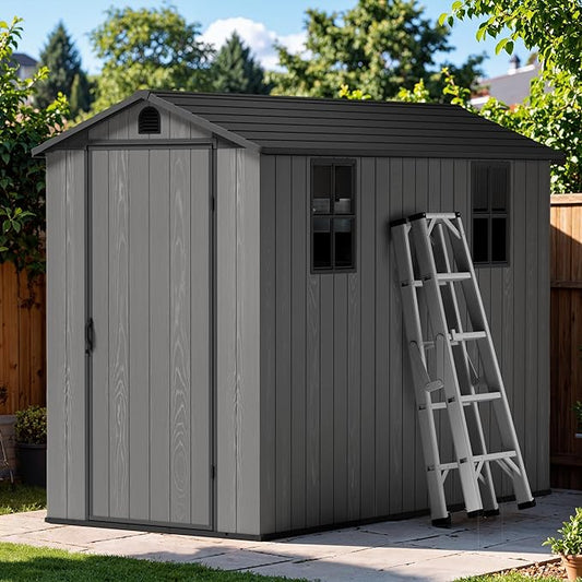 Greesum 4x8FT Plastic Storage Shed with Floor, Resin Outdoor Storaged Sheds with Lockable Door, All Weather Durable Tool Shed with Window and Vent, for Garden, Backyard, Patio, Dark Gray