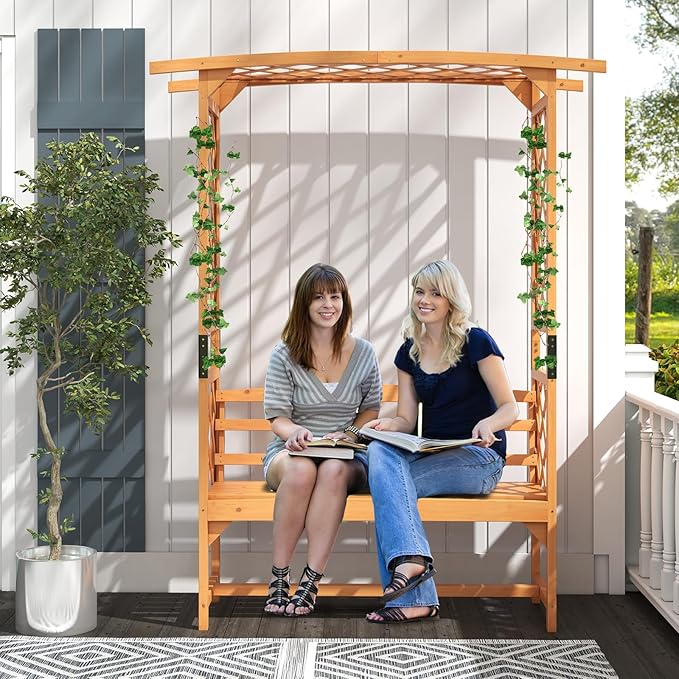 Happygrill Patio Garden Arbor with Bench, Garden Arch Trellis w/Pergola & Side Trellises for Climbing Plants Vines Grapes, 2-Seat Wooden Outdoor Bench, Garden Archway for Wedding Party Backyard