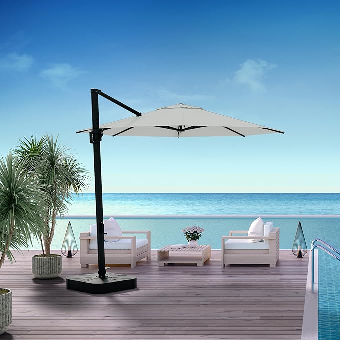 Midtown Umbrellas 10 Ft Outdoor Cantilever Patio Umbrella w/Terylast Off White Fabric - Rotate Tilt 360° Offset Patio Umbrella, Deck Patio Umbrella, Backyard Umbrella & Garden Umbrella - Black Frame