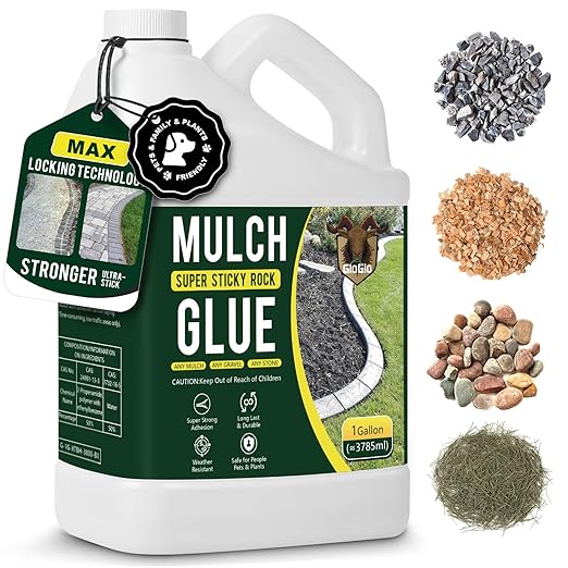 GloGlo Mulch Glue 1 Gallon, No Dilution Needed Ultra-Stick Rock Glue for Landscaping, Gravel Binder Non-Toxic Rubber Mulch Lock Adhesive, Heavy Rain Windproof for Gardens, Pea Gravel Stabilizer