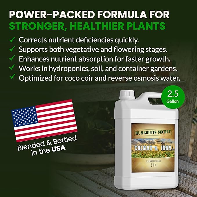 Humboldts Secret CalMag & Iron | Calcium, Magnesium & Chelated Iron Nutrient Fertilizer | Hydroponic Supplies for Vegetative & Flowering Growth in Soil, Coco, Hydroponics or RO Water | 2.5 Gallon