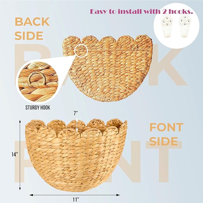 Scalloped Wicker Wall Basket 14"L x 11"W x 7"H, Handwoven Hanging Wall Organizer for Boho Home Décor, Natural Rattan Storage Basket for Living Room, Entryway, Kitchen