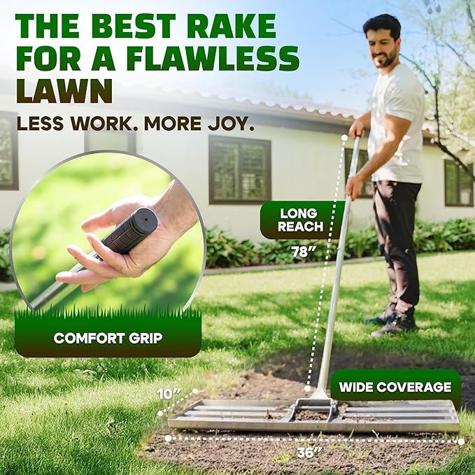 Oris Garden® Lawn Leveling Rake 36 inch - Ground Leveler for yard, sand, soil, grass - Dirt leveling tool, heavy duty stainless steel rakes for golf, grading, gravel, pool seeding, levelling (36 inch)