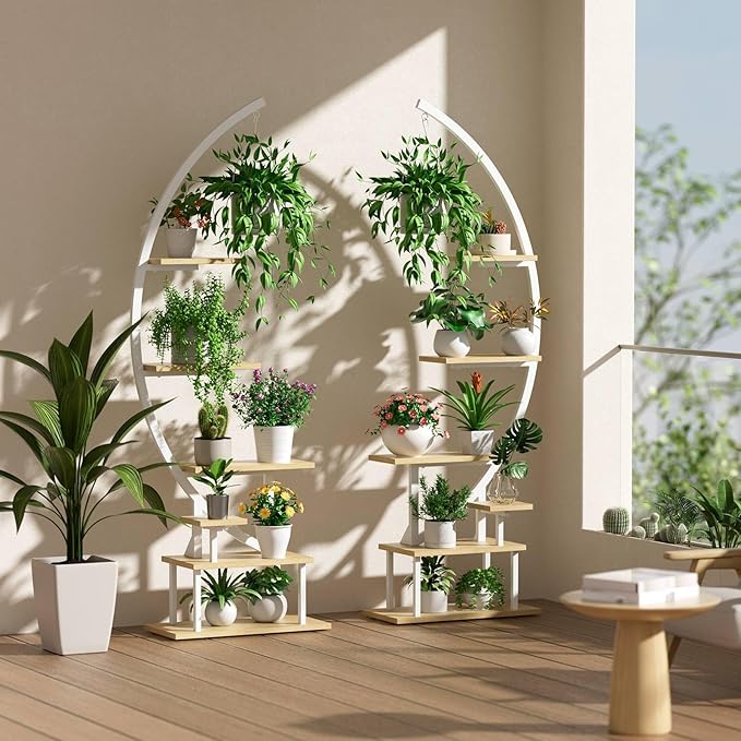 GREENSTELL Plant Stand Indoor with Grow Light, 7-Tiered Tall Metal Plant Stand for Indoor Plants, Half-Moon Shape Display Shelf for Living Room, Balcony, Patio, White (2 Pack)