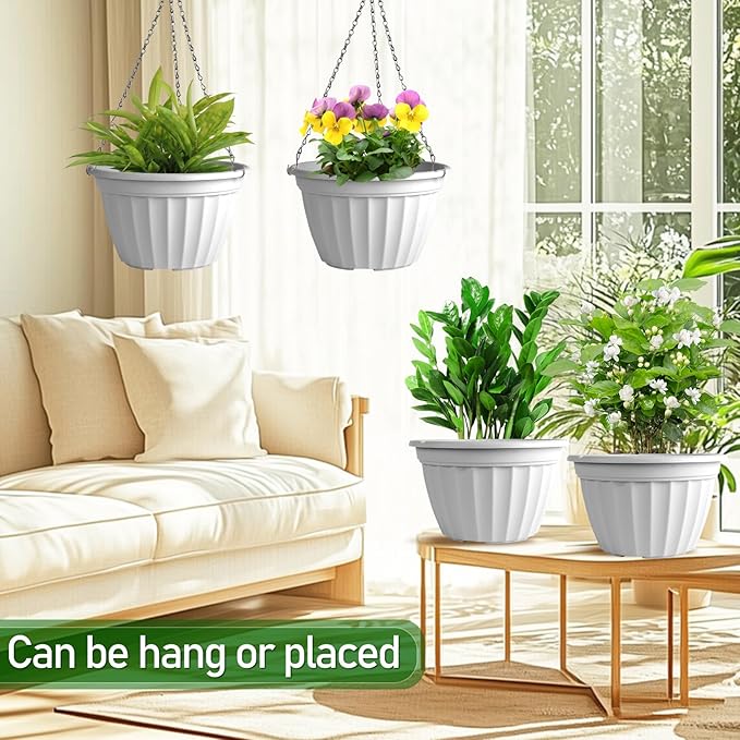 FGstyle Hanging Planters 10 Inch, 4 Pcs Self Watering Pots for Indoor Plants,Plastic Hanging Basket with Soil Elevator and 20" Chain for Home Garden Porch Balcony Patio Decor(White)