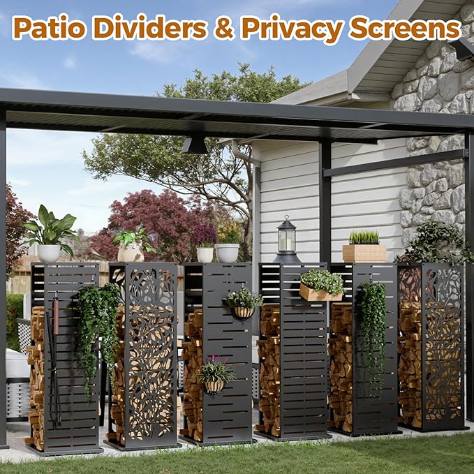 4ft Firewood Rack Outdoor, Fire Wood Holder Log Storage Rack with Parallel Louver Pattern Hooks Adjustable Feet, Firewood Stacker for Indoor Patio Balcony Black