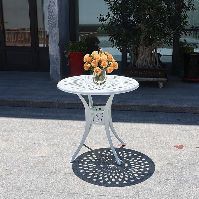 30.7" Cast Aluminum Round Patio Table,Metal Patio Dining Table with Umbrella Hole,All Weather Outdoor Bistro Dining Table for Backyard, Garden, Balcony, White