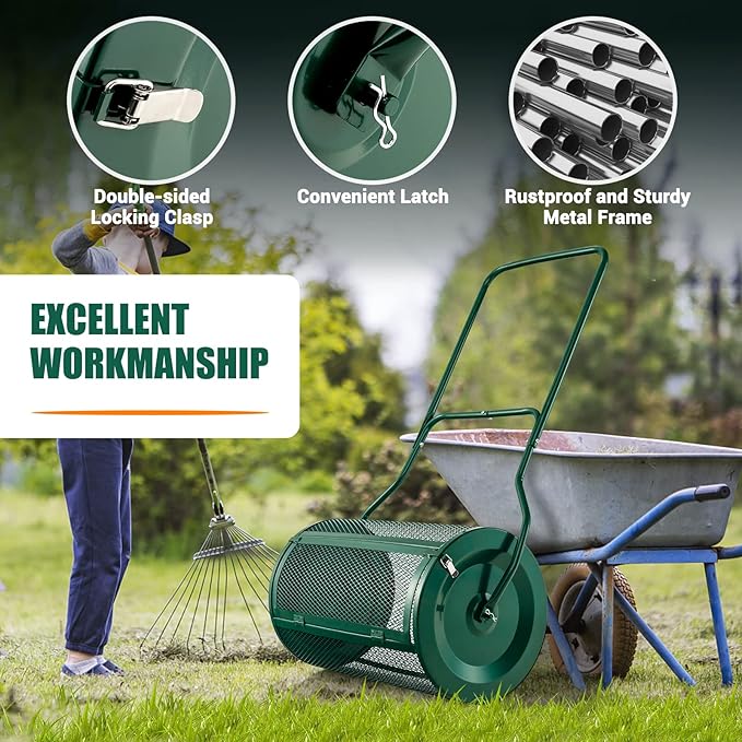 Goplus 24" Compost Spreader, Peat Moss Spreader w/Upgrade U-Shaped Handle, Side Latches, Heavy Duty Metal Mesh Lawn Roller for Topdressing & Seedling, Garden & Lawn Yard Care Manure Spreader, Green