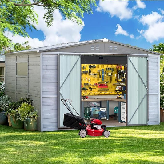 10x8 FT Wood Storage Shed, Large Outdoor Storage Shed with Lockable Door, Window and Vents,Outside Waterproof Wooden Metal Tool Storage for Garden, Patio, Lawn, Backyard (Gray)
