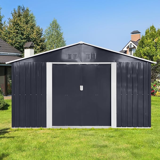 11.2x10.6 FT Outdoor Storage Shed Galvanized Metal Tool Shed with Window and Sliding Door,Waterproof Garden House w/Punched Vents & Locks,for Patio,Lawn,Backyard,Grey