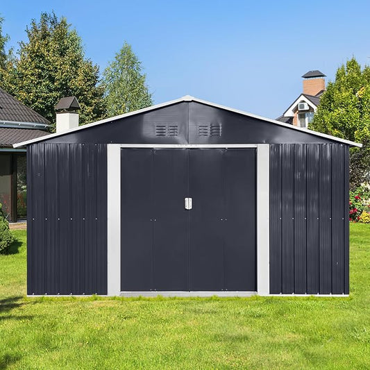 11.2x10.6 FT Outdoor Storage Shed Galvanized Metal Tool Shed with Window and Sliding Door,Waterproof Garden House w/Punched Vents & Locks,for Patio,Lawn,Backyard,Grey