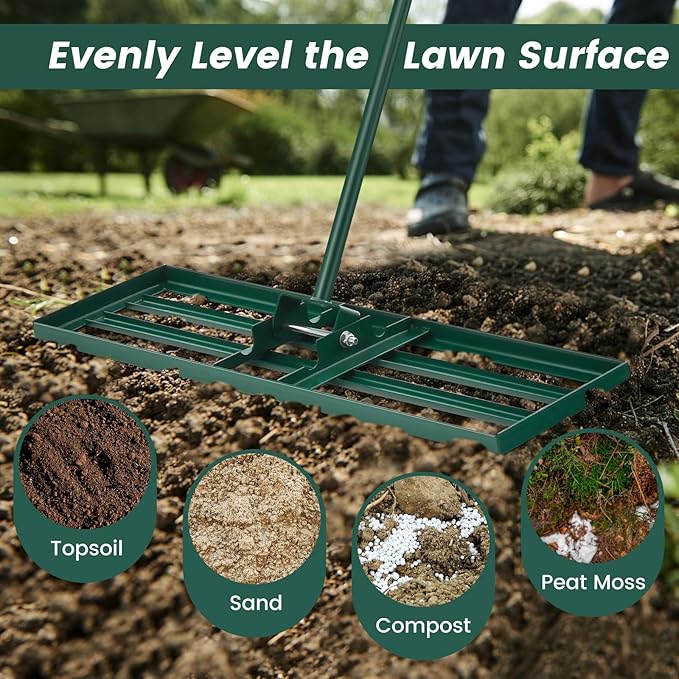 Goplus Lawn Leveling Rake, 30" x 10" Heavy Duty Level Lawn Tool w/ Ergonomic Handle for Soil, Effort-Saving Landscape Rake for Garden, Backyard, Golf Course, Farm, Pasture