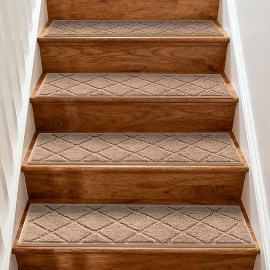JOENIE Non-Slip Edging Stair Treads Carpet Mat 30inX8in Indoor Stair Runners for Wooden Steps, Edging Stair Rugs for Kids and Dogs, 100% Polyester TPR Backing (Beige, 4pc)