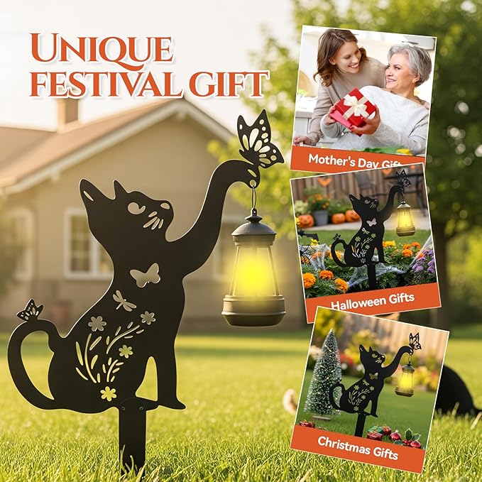 2 Pack Black Cat Solar Lights Outdoor Garden - Solar Lights Outdoor Garden Decor Stake with Butterfly Decorative Metal Housewarming Ornament for Yard Lawn Patio – Unique Gift Ideas for Christmas