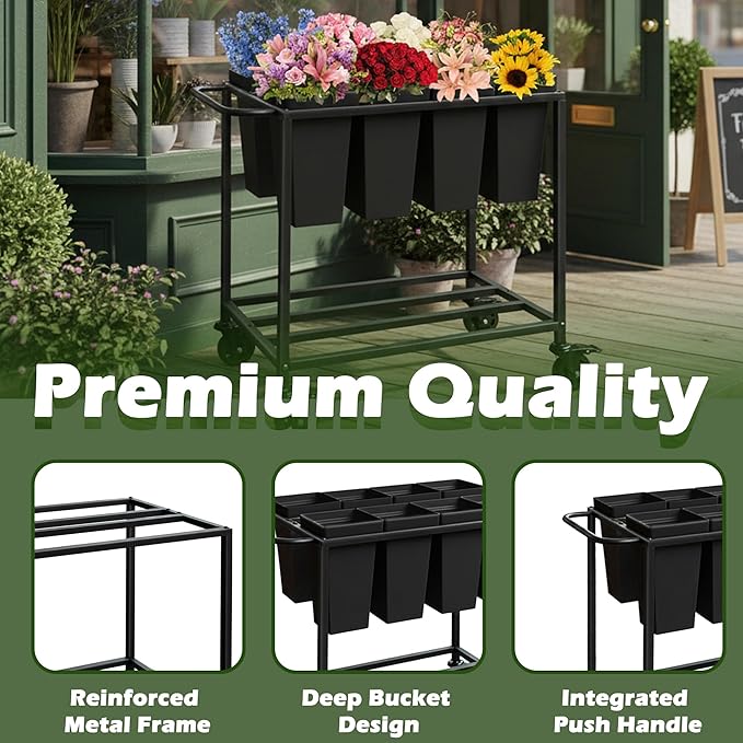 Flower Cart with 8 Buckets,Flower Cart Display Stand with Wheels,Bloom Bar,Flowers Stand for Wedding ,Party and Home Decor,Black