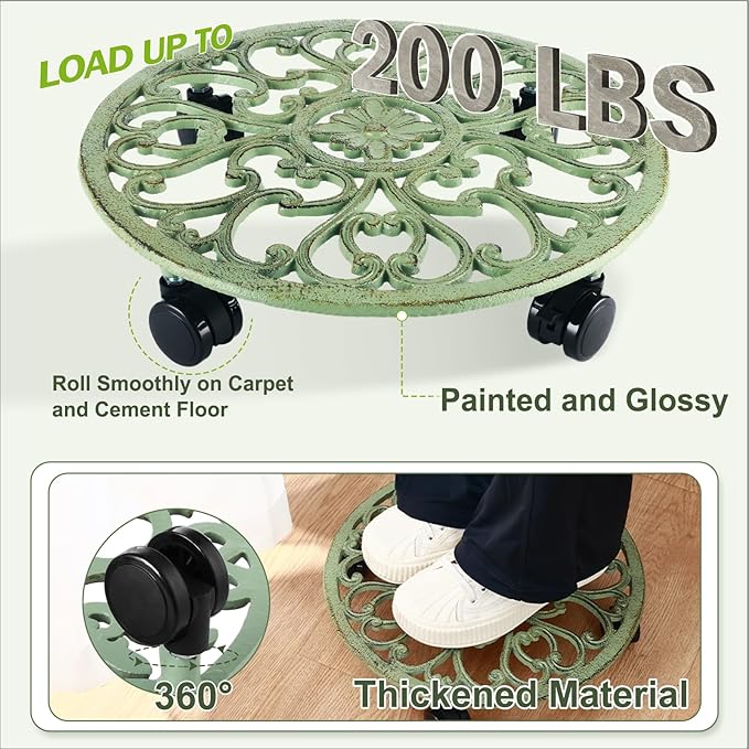 2 Packs 14 Inch Rolling Plant Stand with Wheels Metal Plant Caddy with Wheels Heavy Duty Round Plant Stand Indoor Iron Plants Rollers for Plants, Plant Dolly Retro Green