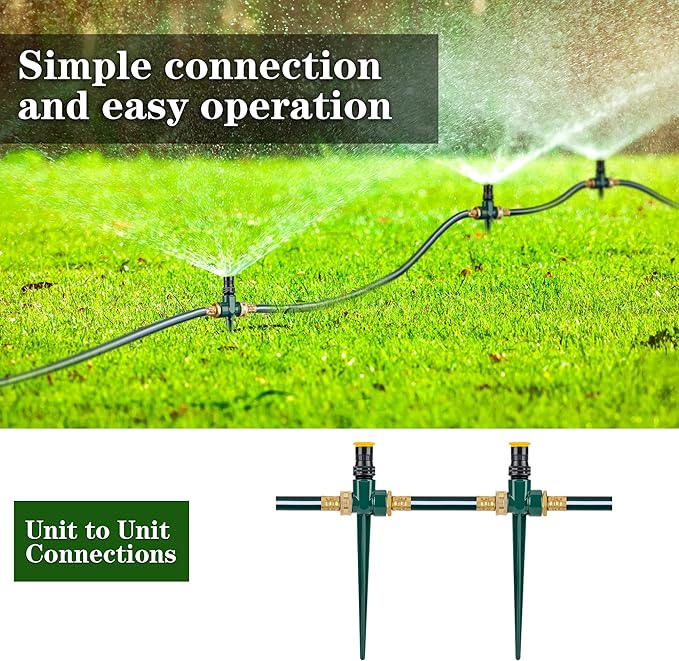 Above Ground Sprinkler System with Metal Spike Base Irrigation System for Garden Multi-Adjustable Lawn Sprinkler Set Ideal for Small Areas Plant and Flower Bed Watering, Two 15ft Green Hose Included