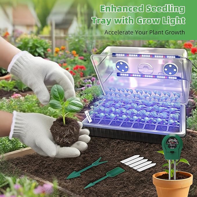 Seed Starter Tray with Grow Light, 2 Pack 120 Cells Seedling Tray Kit with 3-in-1 Soil Moisture Meter, Indoor Seedling Starter Tray for Plant Germination, Seeds Growing