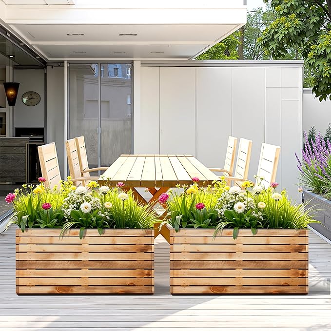 FENCY Large Metal Planter, Large Rectangular Planters for Outdoor Plants, Tall Outdoor Planters for Porch Patio, 32" L x 15" W x 16.3" H Walnut Finish Metal Planter with Drainage Hole