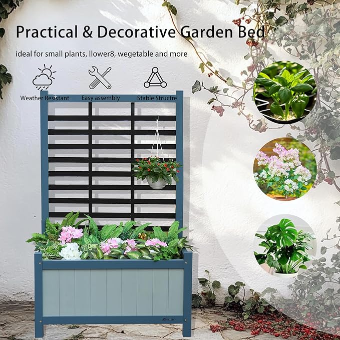 Raised Garden Bed Outdoor, Cedar Wooden Planter Boxes with Trellis, 17.7”L x 16.1”W x 27.6”H Raised Planter Box with Legs for Backyard, Patio, Balcony with Bed Liner (Blue)