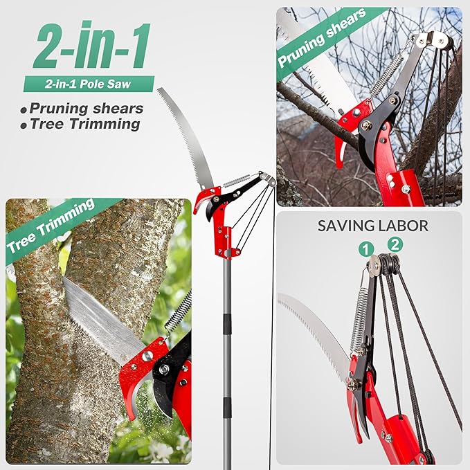 Suchtale 14FT Pole Saws for Tree Trimming, Manual Tree Pruner with Steel Saw Blade & Scissors, Long Handle Branch Cutter Pole, Extendable Limb Trimmer for High Branches, Yard Garden Pruning Tool