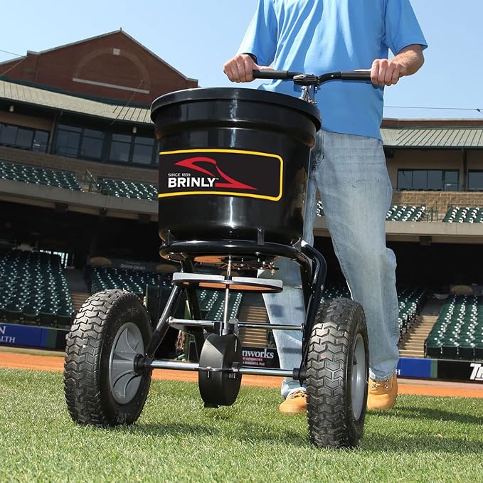 Brinly P20-500BHDF-A Push Spreader with Side Deflector Kit and Hopper Grate, 50 lb. Capacity - Matte Black