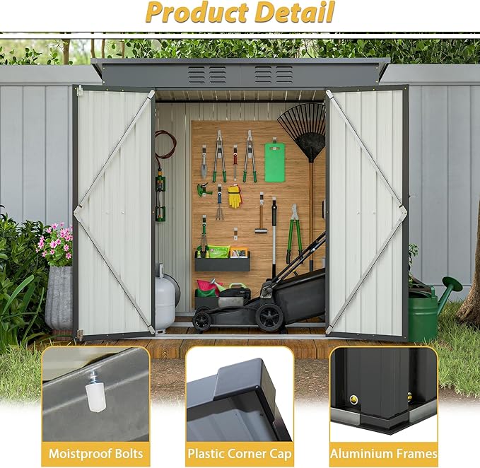 6x4 FT Outdoor Storage Shed, Metal Garden Shed with Frame Floor, Outside Tool Shed with Lockable Hinged Doors, Waterproof Storage Building with Sloped Roof for Backyard, Patio, Lawn, Black