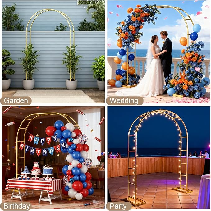 6.6FT Metal Wedding Arch Stand Gold Square Arched Backdrop Frame，Assemble Freely 3 Sizes,Metal Pergola Arbor with Base for Party Ceremony Birthday Bridal Baby Shower Garden Floral Balloon Arch Decor