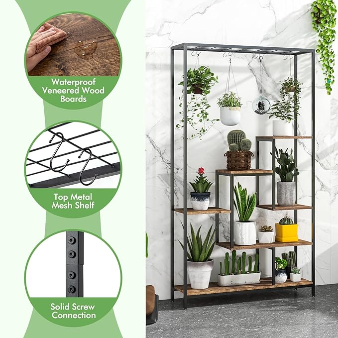 Giantex 71" Tall Plant Stand Indoor, 6-Tier Metal Plant Shelf with 10 Hanging Hooks, Multiple Potted Flower Bonsai Pots Display Rack for Indoor, Balcony, Living Room (Rustic Brown)