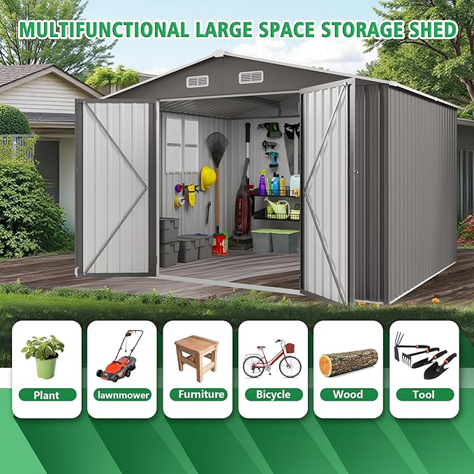 10x12 FT Outdoor Storage Shed, Large Metal Garden Shed with 2 Windows, Outside Tool Sheds with Lockable Hinged Doors, Waterproof Storage Building with 4 Air Vents for Backyard, Patio, Lawn, Gray