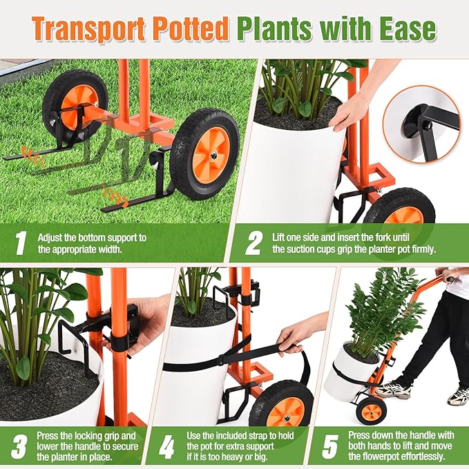 Plant Caddy with Wheels, Heavy Duty Plant Dolly Cart with Adjustable Grabbing Arm and Suction Cups for Plant Pots, Garden Pot Mover Trolley Cart with Strap, Ideal for Indoor and Outdoor Use, Orange