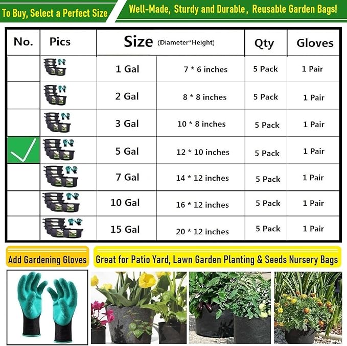 5-Pack 5 Gallon Plant Grow Bags (12x10 inch) Thickened Fabric Plant Pots Garden Bags for Flower Pot,Tomato Planters,Herbs Veggies,Potato Planter Bag,Garden Pot,Barrel Planter,Plant Container W/ Gloves