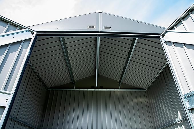 Arrow Shed Elite 14' x 16' Tall Outdoor Steel Storage Shed with High Gable and Lockable Doors Storage Building, Anthracite