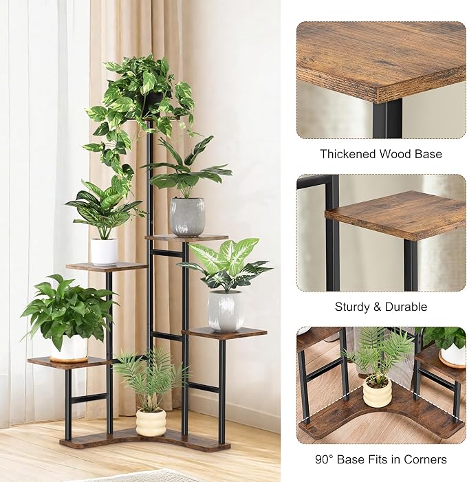 Corner Plant Stand Indoor, 6 Tier Corner Plant Shelf Flower Stand for Multiple Plants, Plant Shelves Organizer Rack for Living Room, Balcony, Patio, Garden (Square)